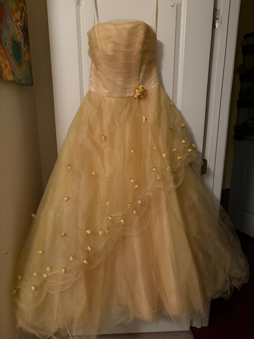 Jovani Satin Strapless Gown in Champagne Gold